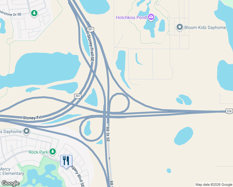 map of restaurants, bars, coffee shops, grocery stores, and more near 16160 88 Street Southeast in Calgary