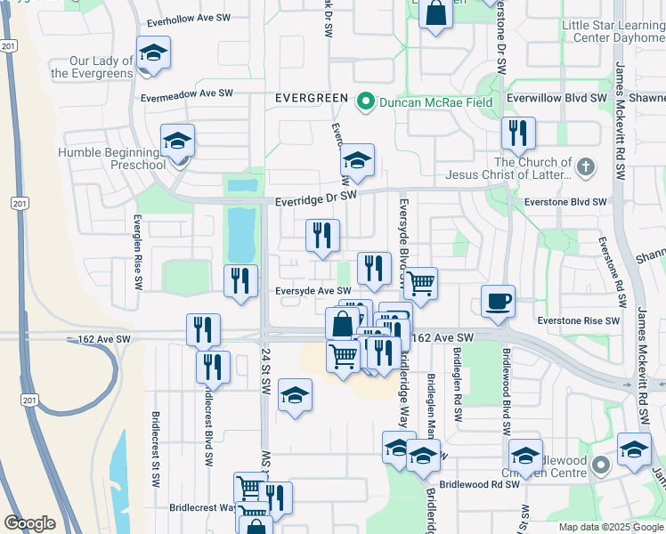 map of restaurants, bars, coffee shops, grocery stores, and more near 109 Eversyde Point Southwest in Calgary