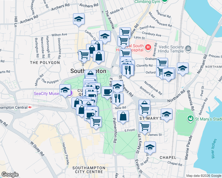 map of restaurants, bars, coffee shops, grocery stores, and more near East Park Terrace in Southampton