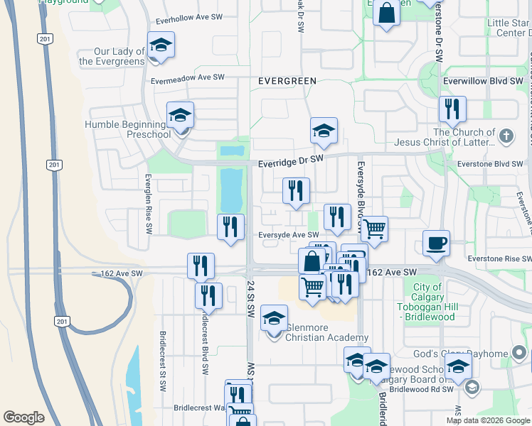 map of restaurants, bars, coffee shops, grocery stores, and more near 23 Everridge Square Southwest in Calgary
