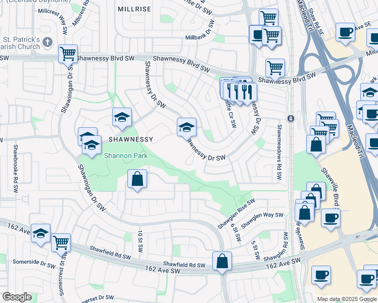 map of restaurants, bars, coffee shops, grocery stores, and more near 200 Shawnessy Drive Southwest in Calgary