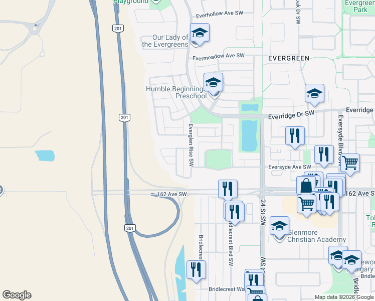 map of restaurants, bars, coffee shops, grocery stores, and more near 156 Everglen Rise Southwest in Calgary