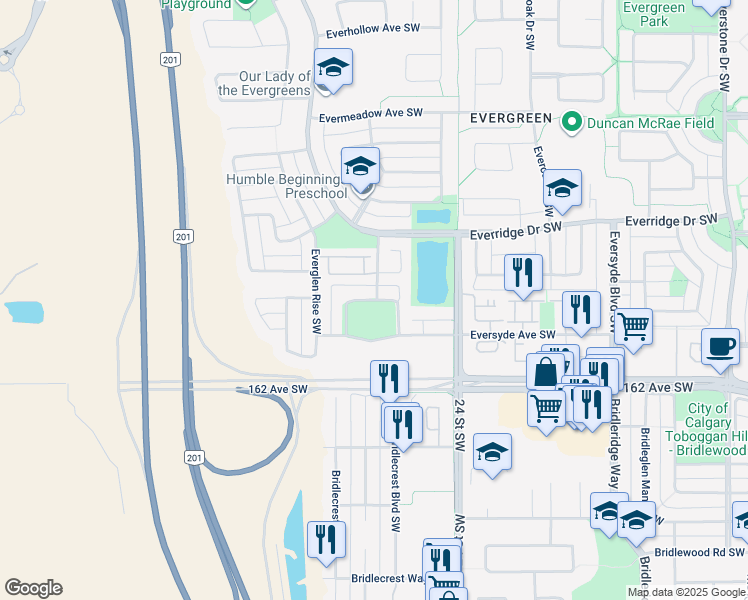 map of restaurants, bars, coffee shops, grocery stores, and more near Everridge Common Southwest in Calgary