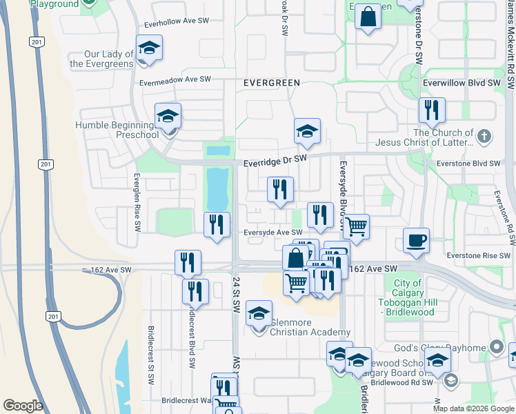 map of restaurants, bars, coffee shops, grocery stores, and more near 27 Everridge Square Southwest in Calgary