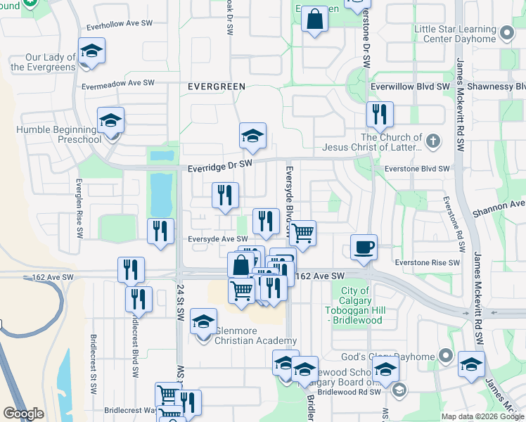 map of restaurants, bars, coffee shops, grocery stores, and more near 78 Eversyde Common Southwest in Calgary