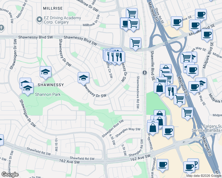 map of restaurants, bars, coffee shops, grocery stores, and more near 92 Shawmeadows Crescent Southwest in Calgary
