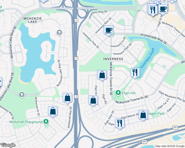 map of restaurants, bars, coffee shops, grocery stores, and more near 74 Elgin Way Southeast in Calgary