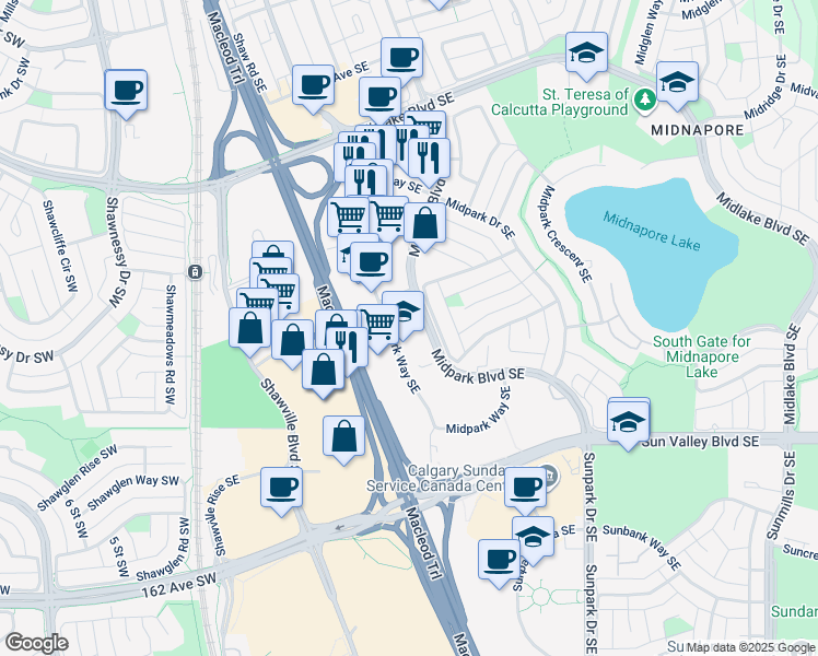 map of restaurants, bars, coffee shops, grocery stores, and more near 290 Midpark Way Southeast in Calgary