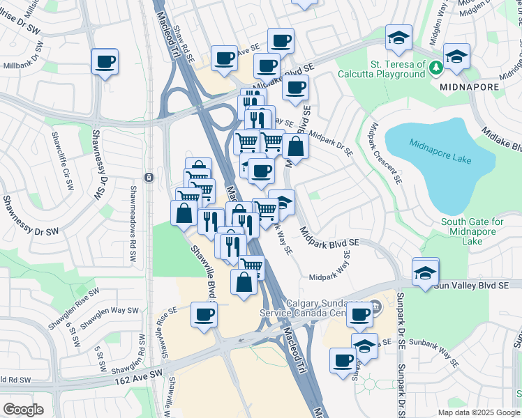 map of restaurants, bars, coffee shops, grocery stores, and more near 290 Midpark Way Southeast in Calgary