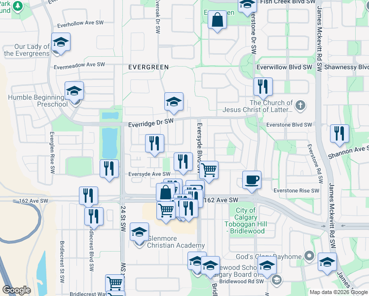 map of restaurants, bars, coffee shops, grocery stores, and more near 161 Eversyde Boulevard Southwest in Calgary