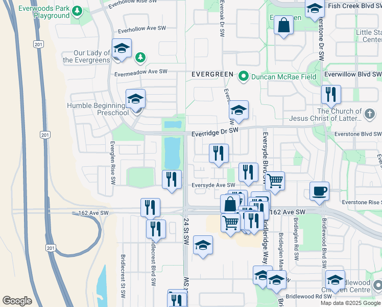 map of restaurants, bars, coffee shops, grocery stores, and more near 236 Everridge Way Southwest in Calgary