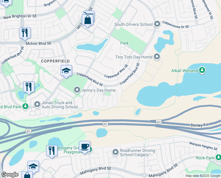 map of restaurants, bars, coffee shops, grocery stores, and more near 1023 Copperfield Boulevard Southeast in Calgary