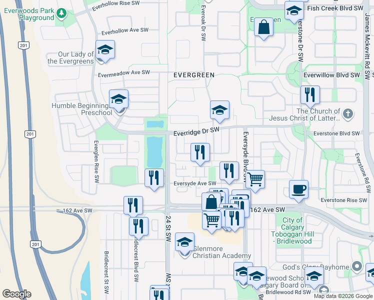 map of restaurants, bars, coffee shops, grocery stores, and more near 197 Everridge Way Southwest in Calgary