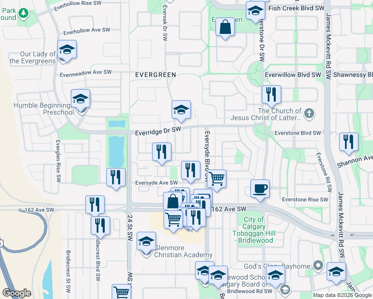 map of restaurants, bars, coffee shops, grocery stores, and more near 48 Everridge Road Southwest in Calgary