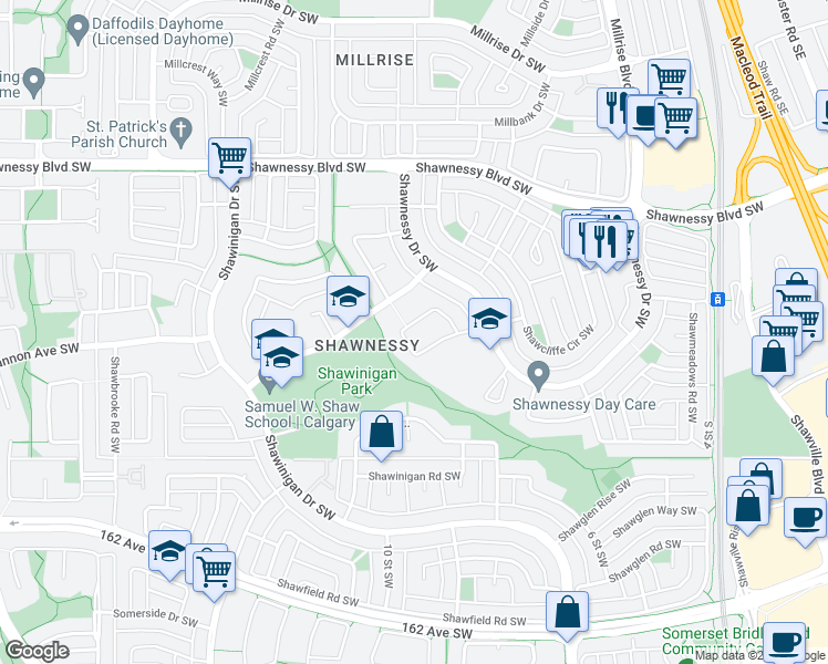 map of restaurants, bars, coffee shops, grocery stores, and more near 71 Shannon Close Southwest in Calgary