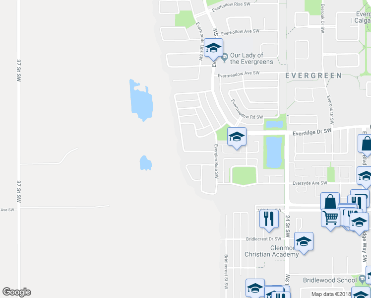 map of restaurants, bars, coffee shops, grocery stores, and more near 219 Everglen Way Southwest in Calgary