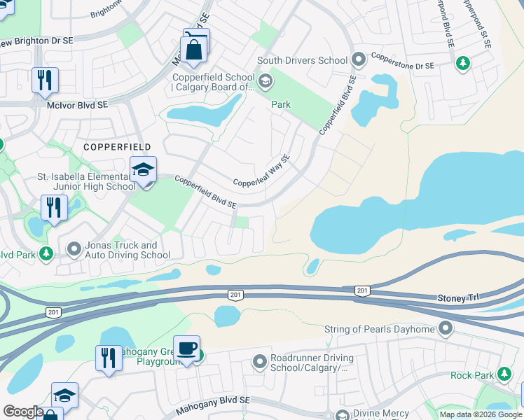 map of restaurants, bars, coffee shops, grocery stores, and more near 1047 Copperfield Boulevard Southeast in Calgary