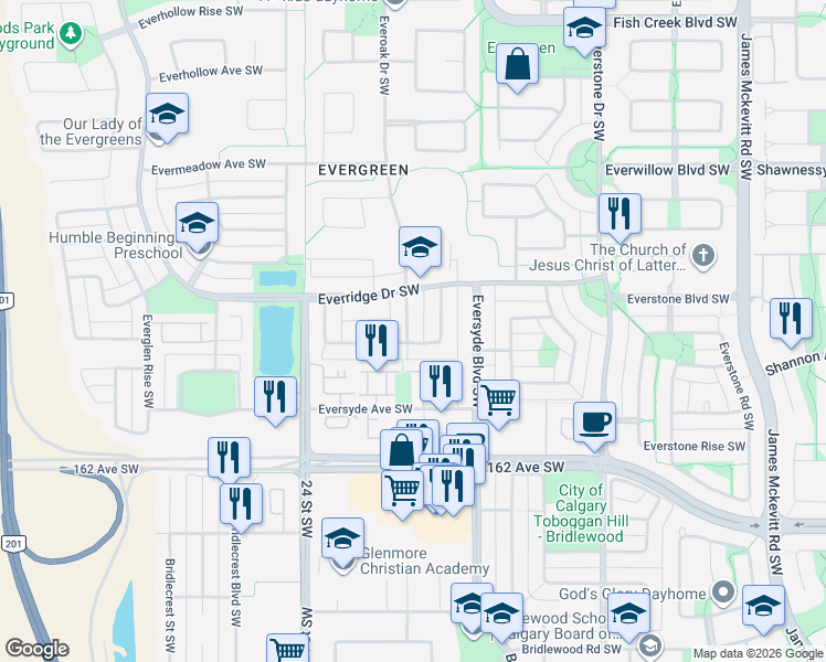 map of restaurants, bars, coffee shops, grocery stores, and more near 48 Everridge Road Southwest in Calgary