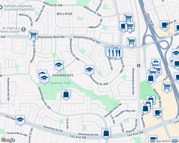map of restaurants, bars, coffee shops, grocery stores, and more near 230 Shawnessy Drive Southwest in Calgary