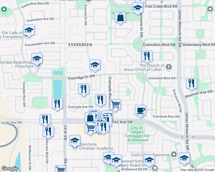 map of restaurants, bars, coffee shops, grocery stores, and more near 161 Eversyde Boulevard Southwest in Calgary