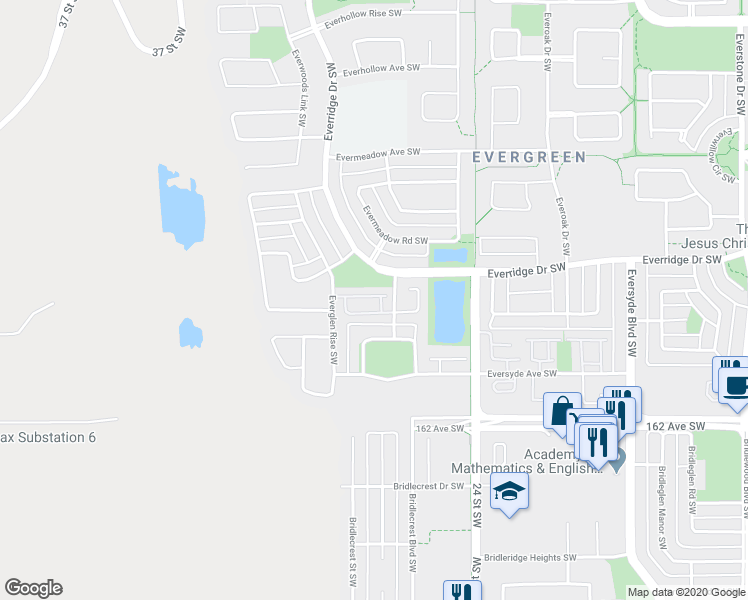 map of restaurants, bars, coffee shops, grocery stores, and more near 131 Everridge Gardens Southwest in Calgary