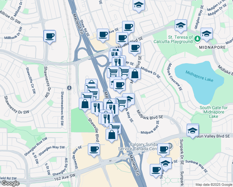 map of restaurants, bars, coffee shops, grocery stores, and more near 290 Midpark Way Southeast in Calgary