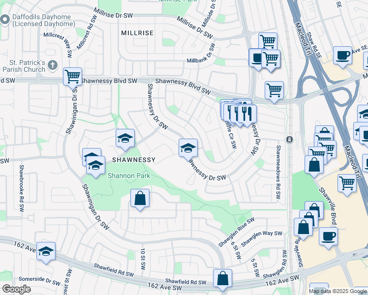 map of restaurants, bars, coffee shops, grocery stores, and more near 230 Shawnessy Drive Southwest in Calgary