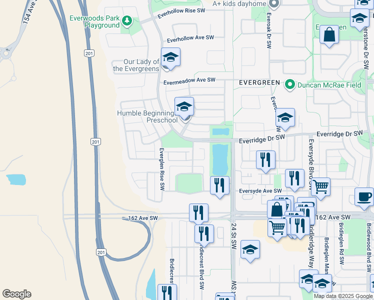 map of restaurants, bars, coffee shops, grocery stores, and more near 131 Everridge Gardens Southwest in Calgary