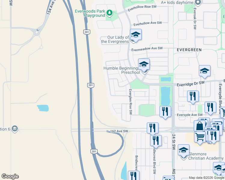 map of restaurants, bars, coffee shops, grocery stores, and more near 219 Everglen Way Southwest in Calgary