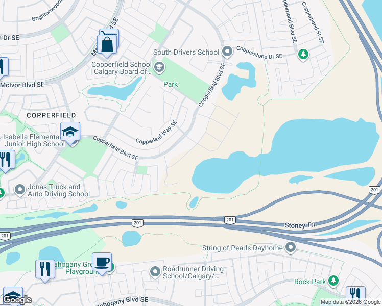 map of restaurants, bars, coffee shops, grocery stores, and more near 1047 Copperfield Boulevard Southeast in Calgary