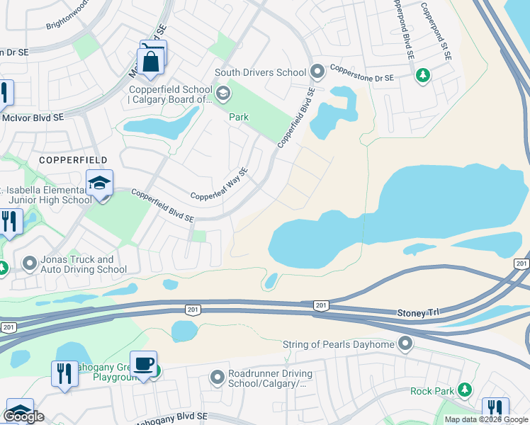 map of restaurants, bars, coffee shops, grocery stores, and more near 1047 Copperfield Boulevard Southeast in Calgary