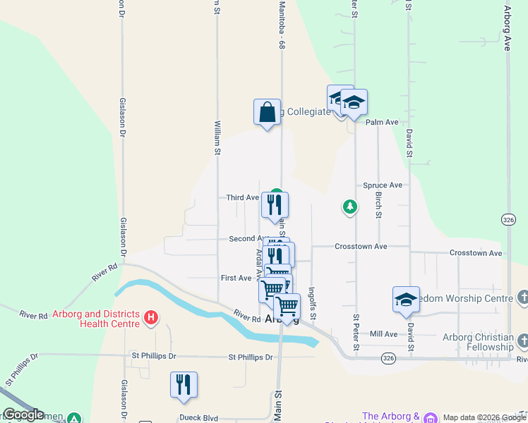 map of restaurants, bars, coffee shops, grocery stores, and more near 340-378 Ardal Street in Arborg