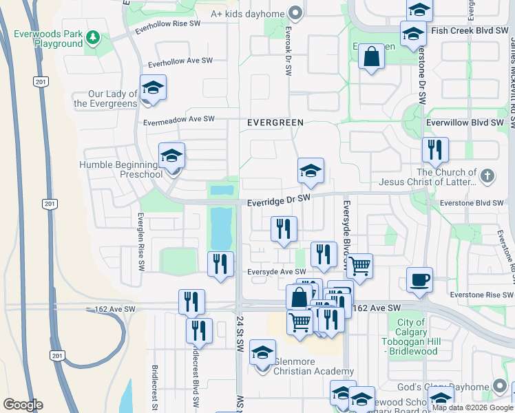 map of restaurants, bars, coffee shops, grocery stores, and more near 197 Everridge Way Southwest in Calgary