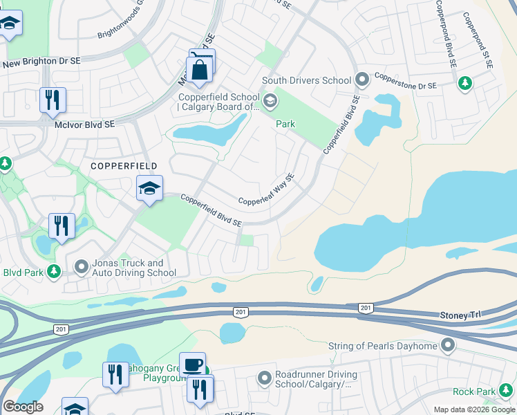 map of restaurants, bars, coffee shops, grocery stores, and more near 15921 72 St SE in Calgary