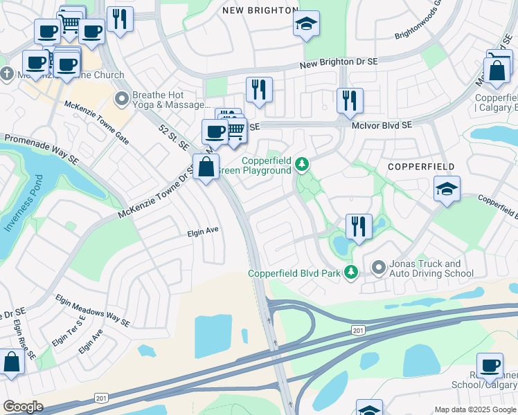 map of restaurants, bars, coffee shops, grocery stores, and more near Copperfield Gate Southeast in Calgary