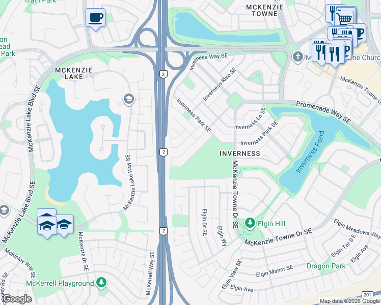 map of restaurants, bars, coffee shops, grocery stores, and more near 61 Inverness Drive Southeast in Calgary
