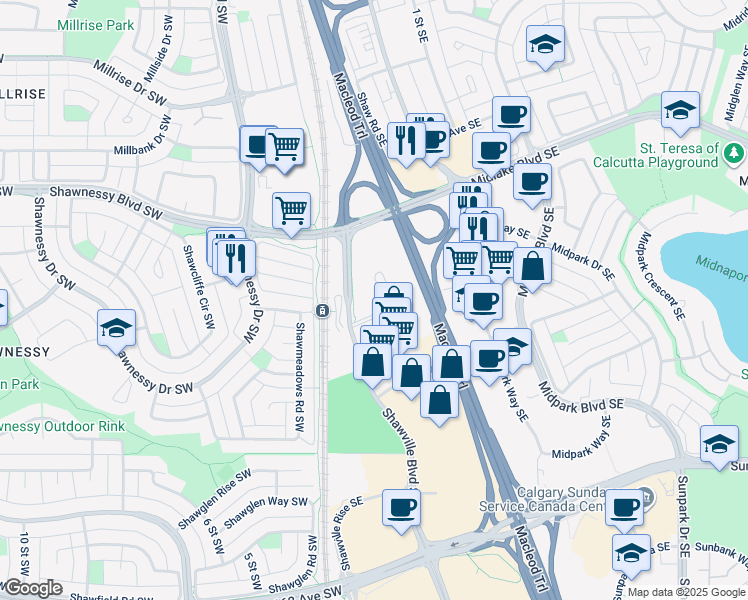 map of restaurants, bars, coffee shops, grocery stores, and more near 12 Shawville Boulevard Southeast in Calgary