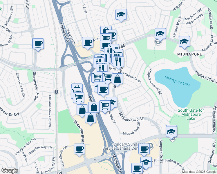 map of restaurants, bars, coffee shops, grocery stores, and more near 251 Midpark Boulevard Southeast in Calgary