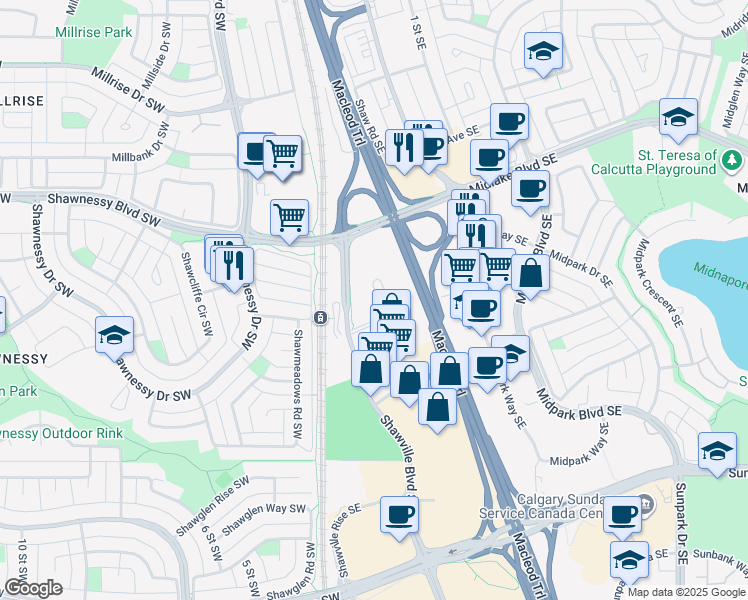 map of restaurants, bars, coffee shops, grocery stores, and more near 108 Shawville Place Southeast in Calgary