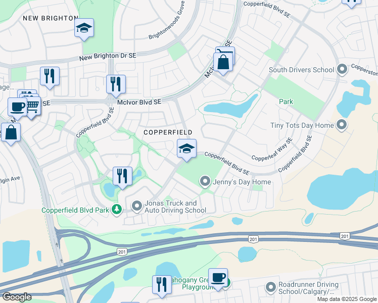 map of restaurants, bars, coffee shops, grocery stores, and more near 876 Copperfield Boulevard Southeast in Calgary