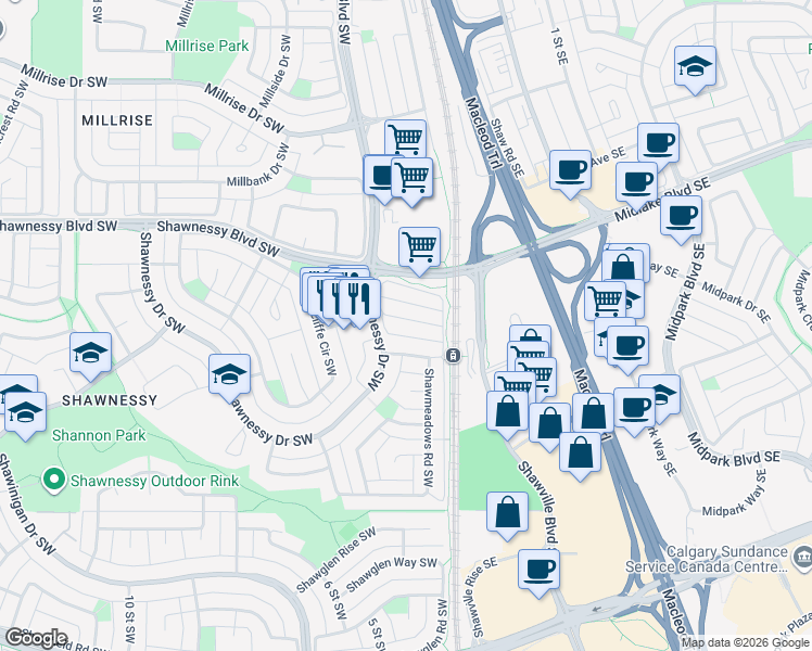 map of restaurants, bars, coffee shops, grocery stores, and more near 46 Shawmeadows Close Southwest in Calgary