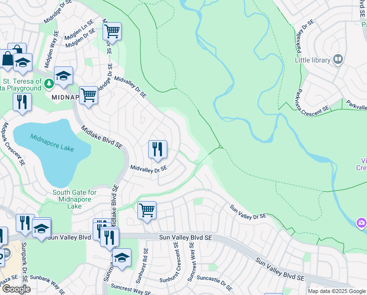 map of restaurants, bars, coffee shops, grocery stores, and more near 304 Midvalley Place Southeast in Calgary