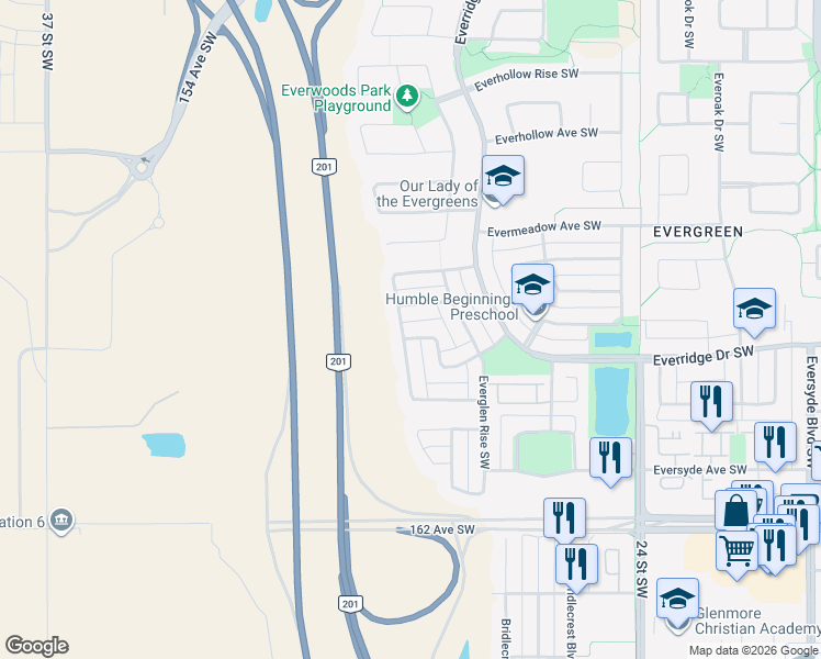 map of restaurants, bars, coffee shops, grocery stores, and more near 136 Everglen Road Southwest in Calgary