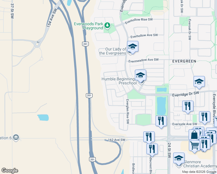 map of restaurants, bars, coffee shops, grocery stores, and more near 136 Everglen Road Southwest in Calgary