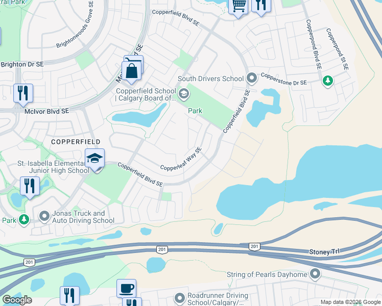 map of restaurants, bars, coffee shops, grocery stores, and more near 1134 Copperfield Boulevard Southeast in Calgary