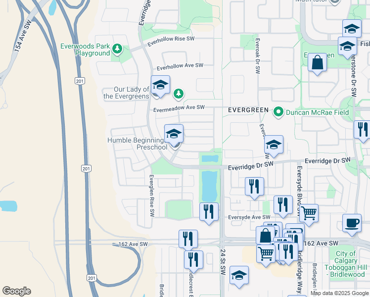 map of restaurants, bars, coffee shops, grocery stores, and more near 475 Evermeadow Road Southwest in Calgary