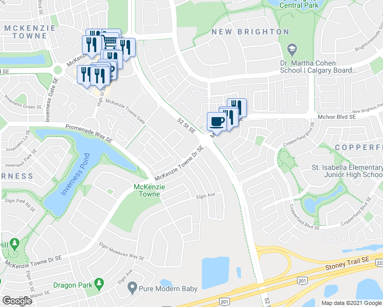 map of restaurants, bars, coffee shops, grocery stores, and more near 804 McKenzie Towne Drive Southeast in Calgary