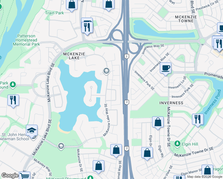 map of restaurants, bars, coffee shops, grocery stores, and more near McKenzie Lake Crescent Southeast in Calgary