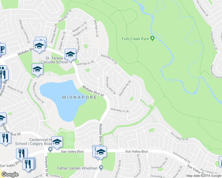 map of restaurants, bars, coffee shops, grocery stores, and more near Midvalley Way Southeast in Calgary