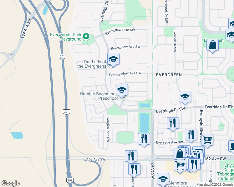 map of restaurants, bars, coffee shops, grocery stores, and more near in Calgary